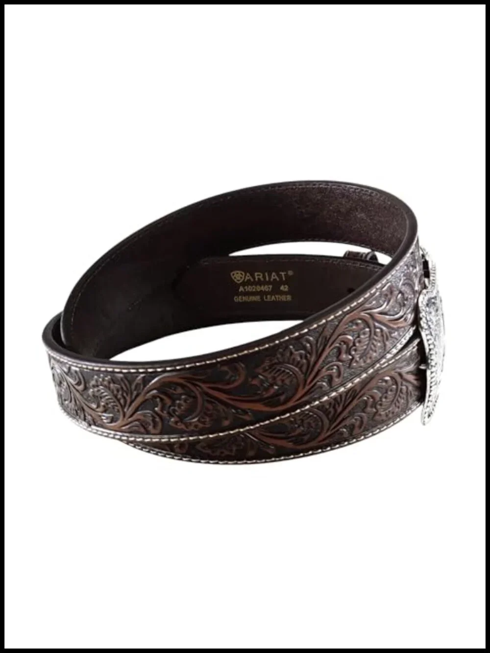 Men's Floral Embossed Leather Belt with Cowboy Buckle